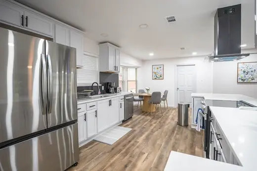 Modern kitchen with stainless steel appliances at Maverick Behavioral Health, a detox center in Dallas.