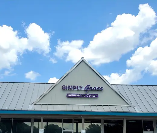 Bright blue sky above Simply Grace Counseling Center, an intensive outpatient program in Dallas.