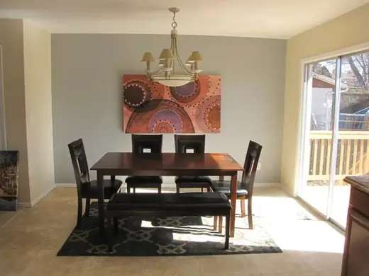 Bright dining area with modern decor at Eudaimonia Recovery Homes sober living home in Dallas.